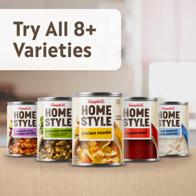 Campbell's Homestyle Chicken Noodle Soup 16.1 oz can on shelf.
