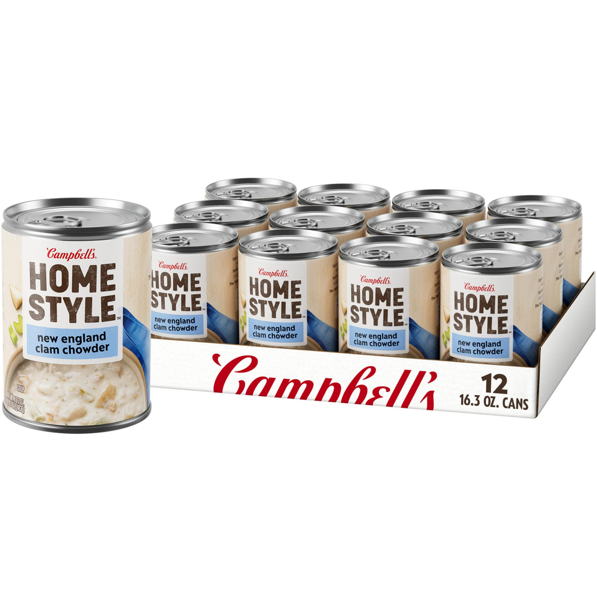 Campbell's Homestyle clam chowder can front, a comforting pantry staple