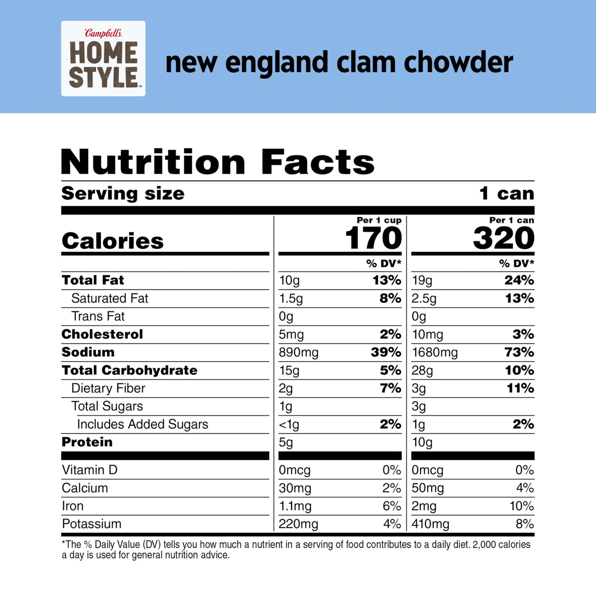 Closeup of Campbell's Homestyle clam chowder ingredients with potatoes and clams