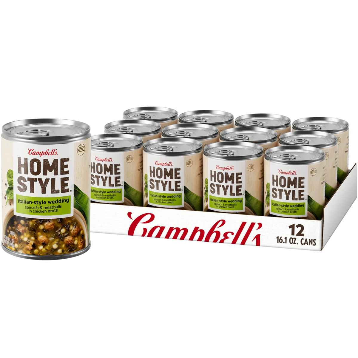 Campbell's Homestyle Italian Wedding Soup can front, hearty comfort in minutes.