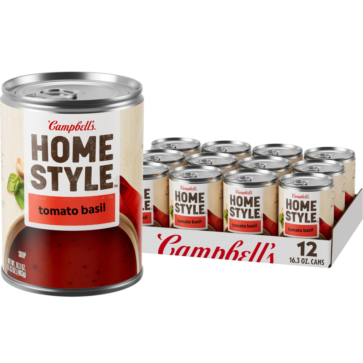 Campbell’s Homestyle Tomato Basil Soup can shown as a pantry staple for easy meals.