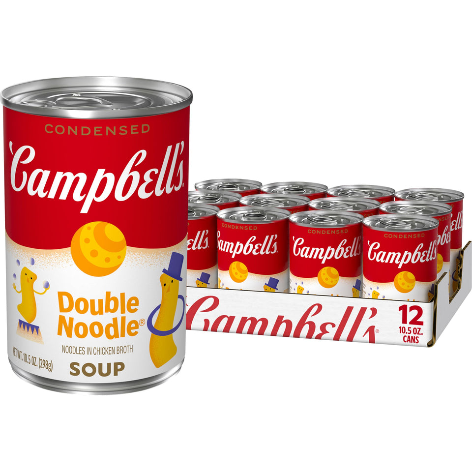 Campbell's Kids Double Noodle Soup 12-pack front view shows value and family-friendly convenience.