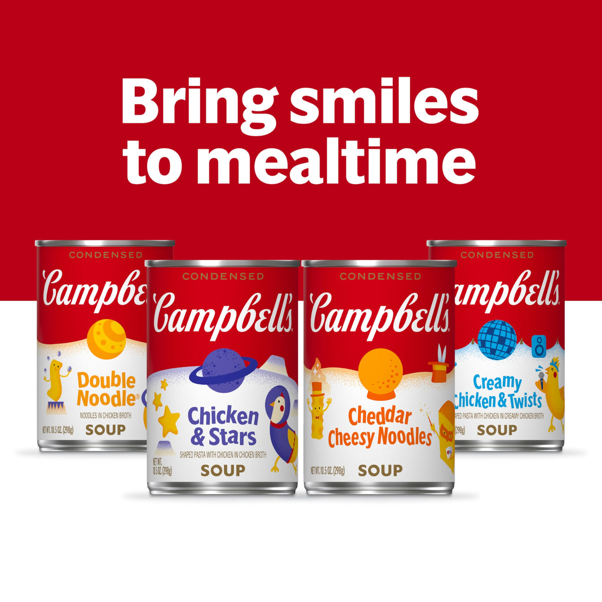 Campbell's Kids Double Noodle Soup quick microwave heat in a bowl for busy families.