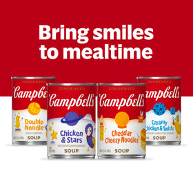 Campbell's Kids Double Noodle Soup quick microwave heat in a bowl for busy families.