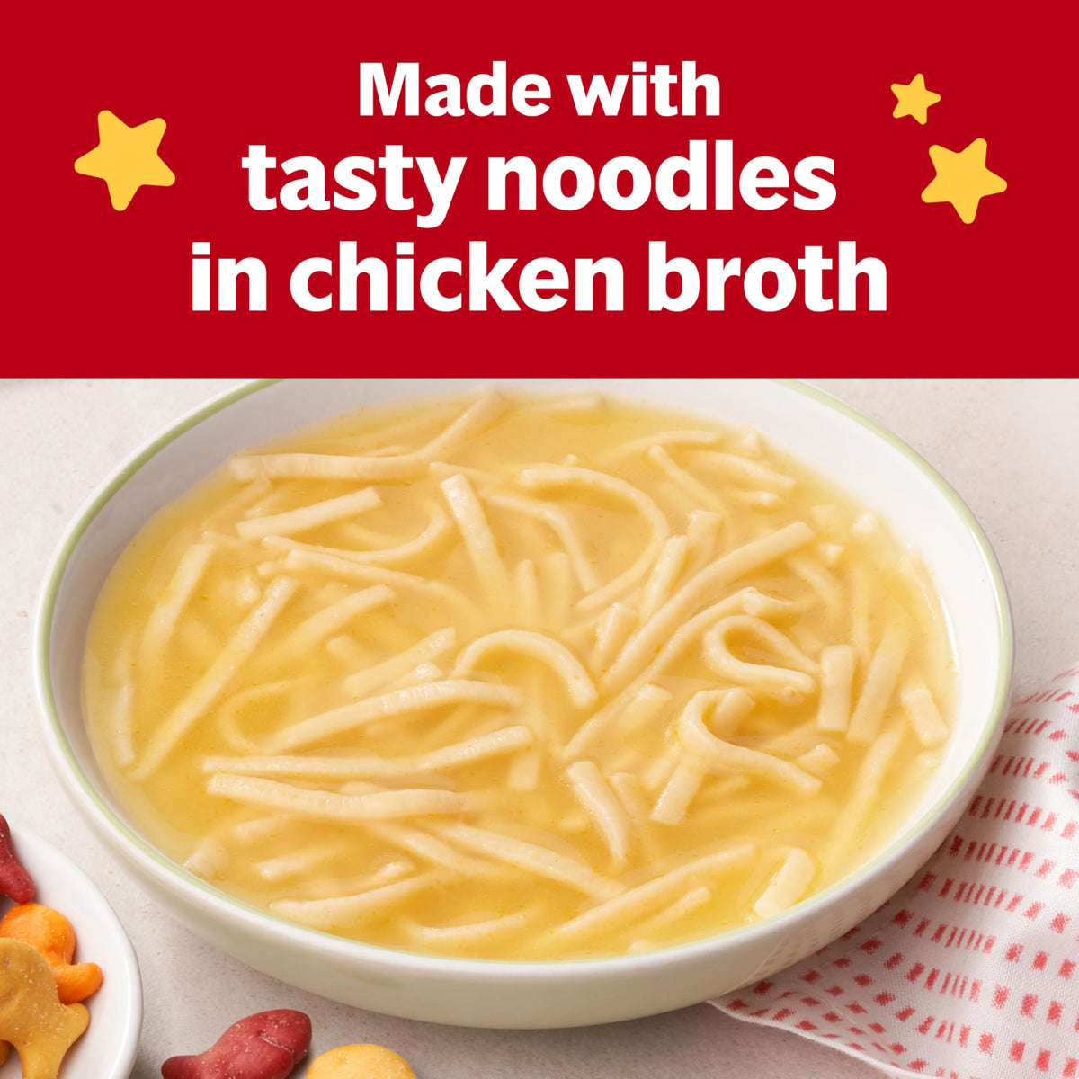 Campbell's Kids Double Noodle Soup serving with Goldfish crackers offers a playful lunch idea.