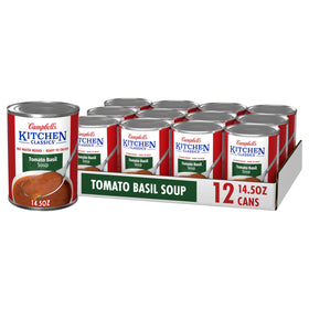 Campbell's Kitchen Classics Tomato Basil soup in a steaming bowl for a comforting lunch.