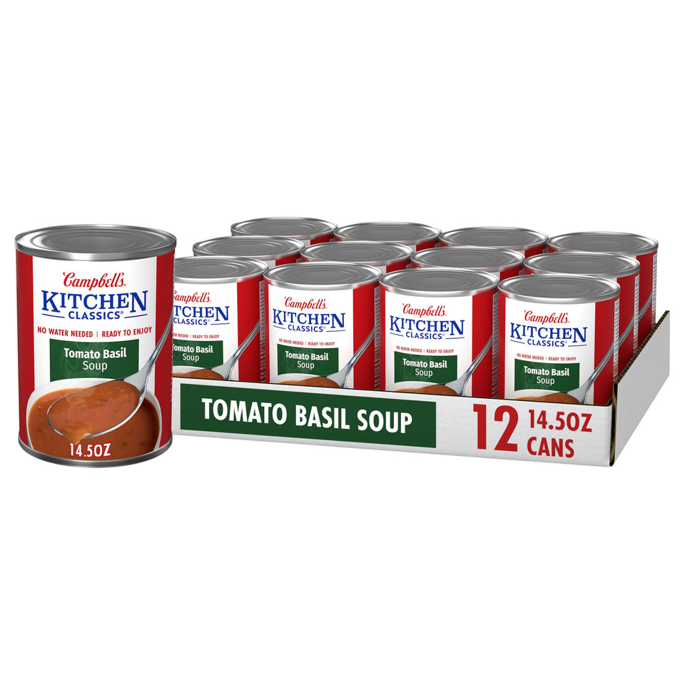 Campbell's Kitchen Classics Tomato Basil soup in a steaming bowl for a comforting lunch.