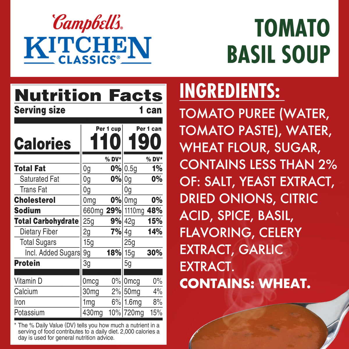 Close-up of Campbell's Tomato Basil can highlighting ready-to-eat convenience.