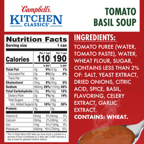 Close-up of Campbell's Tomato Basil can highlighting ready-to-eat convenience.