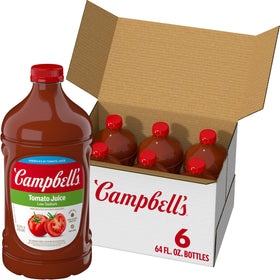Campbell's Low Sodium Tomato Juice 64oz bottle front, convenient six-pack.