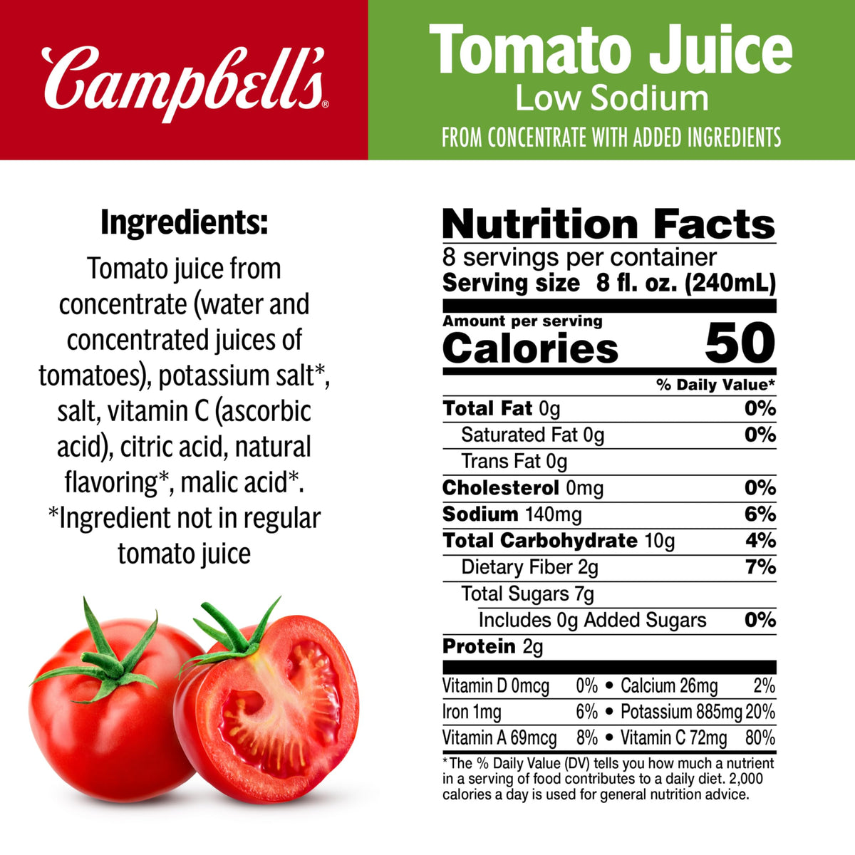 Campbell's Low Sodium Tomato Juice 64oz bottle packaging, ideal for pantry stock and easy meals.