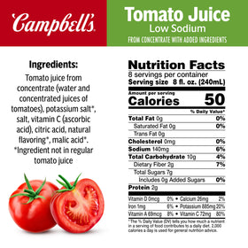 Campbell's Low Sodium Tomato Juice 64oz bottle packaging, ideal for pantry stock and easy meals.
