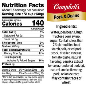 Campbell's Pork and Beans 11oz can close-up pork chunks, ideal for hearty dinners