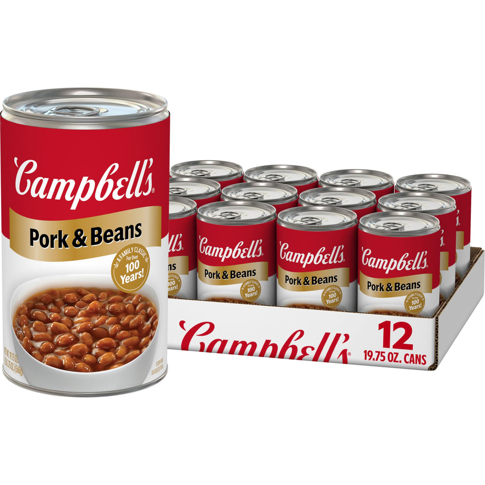 Campbell's Pork and Beans case of 12 cans on a pantry shelf.
