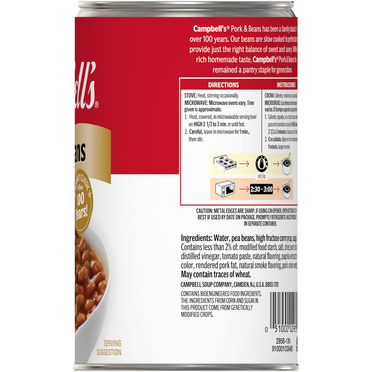 Campbell's Pork and Beans can on counter, perfect pantry staple.