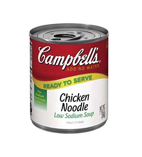 Campbell's Ready-To-Serve Low-Sodium Chicken Noodle Soup can, convenient comforting meal.