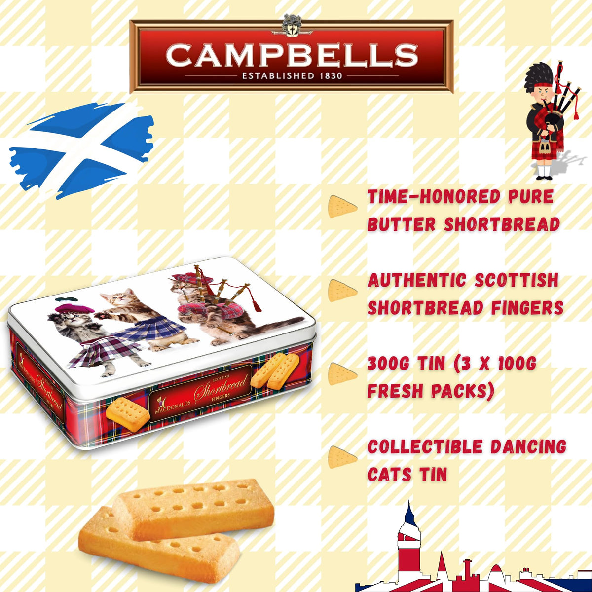 Campbells Shortbread Fingers gift tin display suitable for holidays and birthdays.