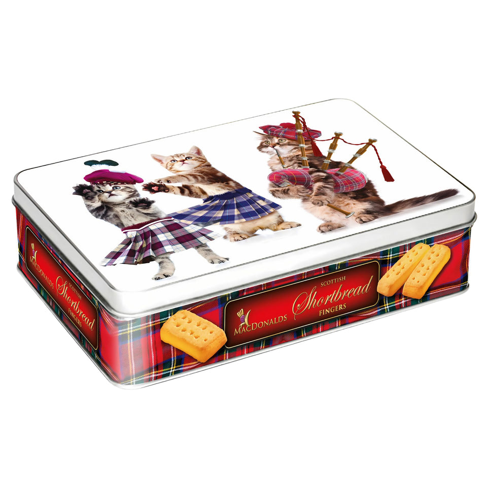 Campbells Shortbread Fingers in Dancing Cat tin front view ideal for gifting.