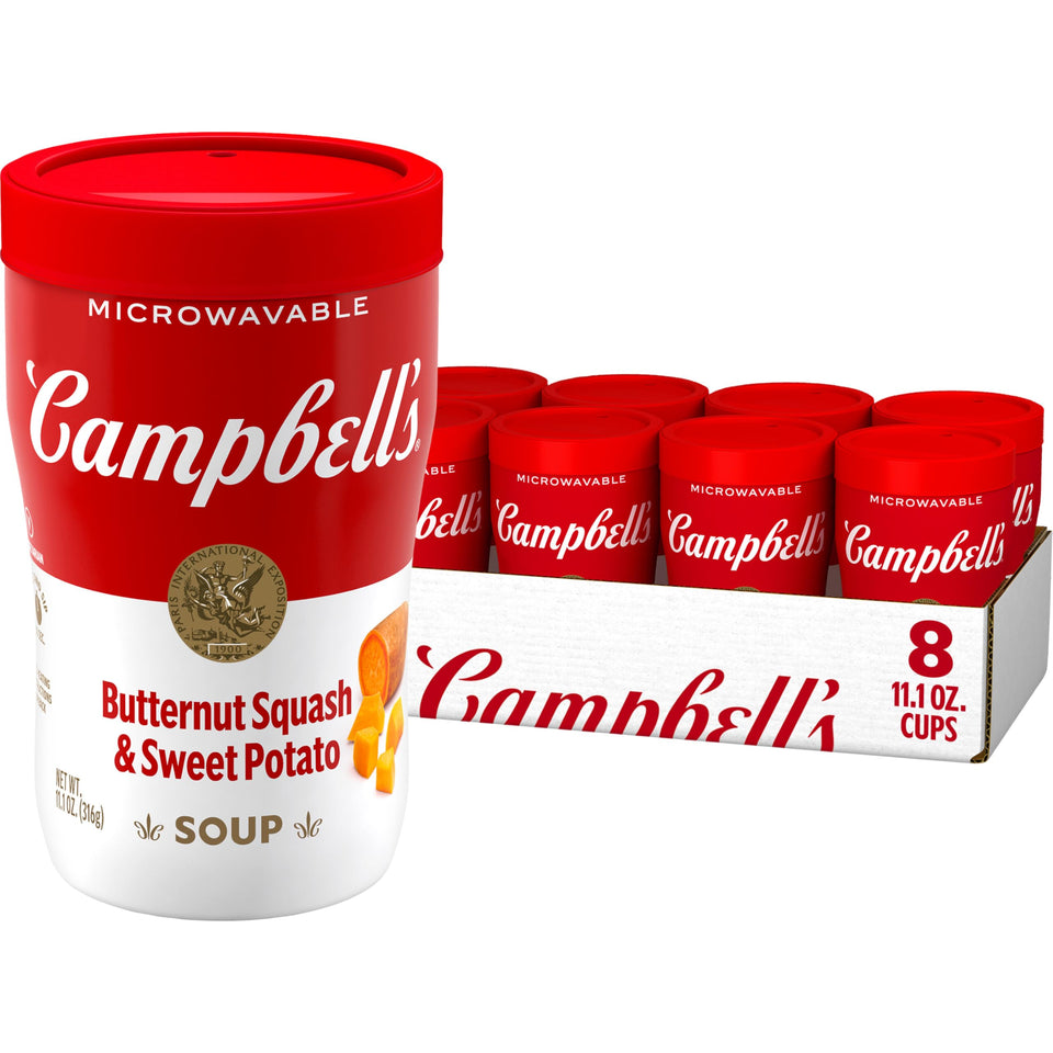 Campbell's Sipping Soup cup exterior, showcasing the convenient on-the-go packaging for quick warmth.