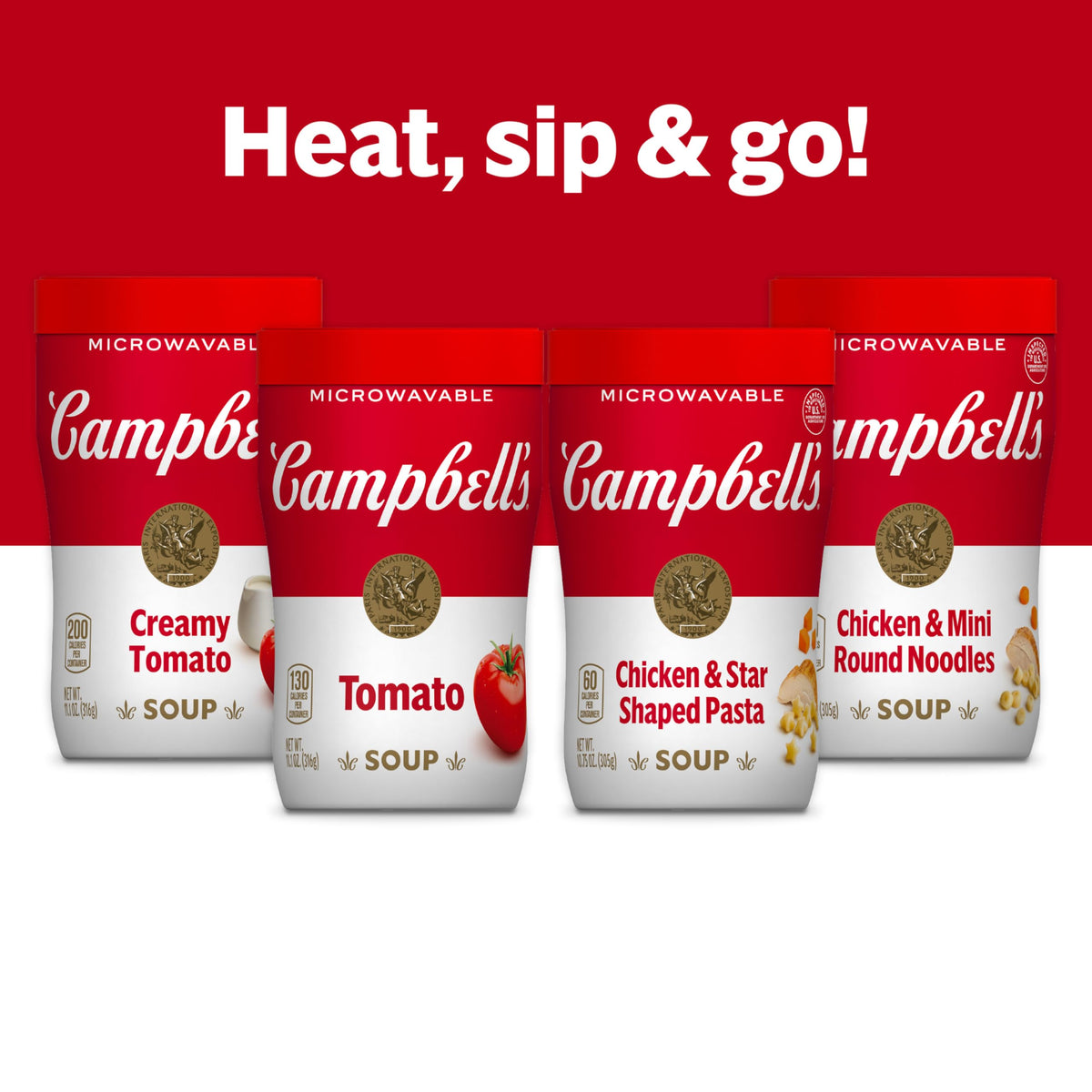 Serving Campbell's Sipping Soup Classic Tomato, ideal for road trips or desk lunches.