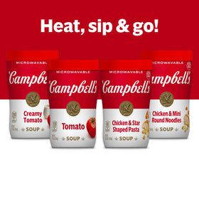 Serving Campbell's Sipping Soup Classic Tomato, ideal for road trips or desk lunches.