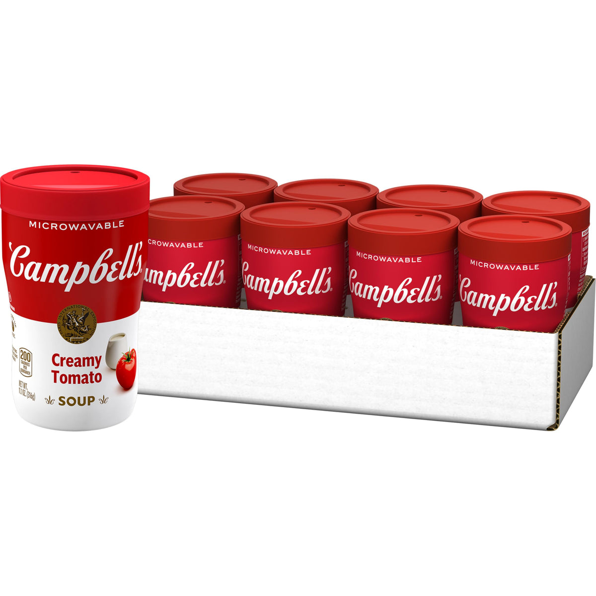 Campbell's Sipping Soup creamy tomato cup-front shows portable, comforting snack.