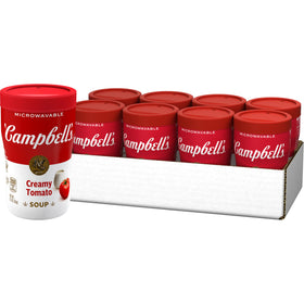 Campbell's Sipping Soup creamy tomato cup-front shows portable, comforting snack.