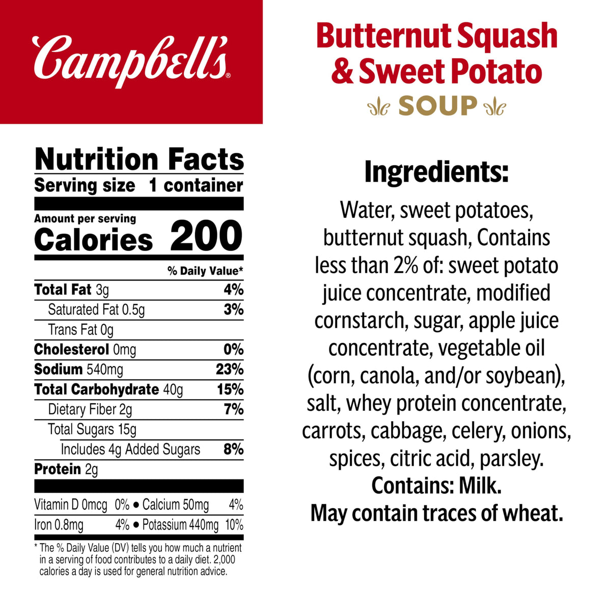 Campbell's Sipping Soup ingredients highlight butternut squash and vegetables for rich flavor.