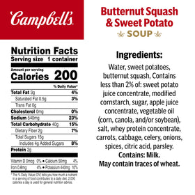 Campbell's Sipping Soup ingredients highlight butternut squash and vegetables for rich flavor.