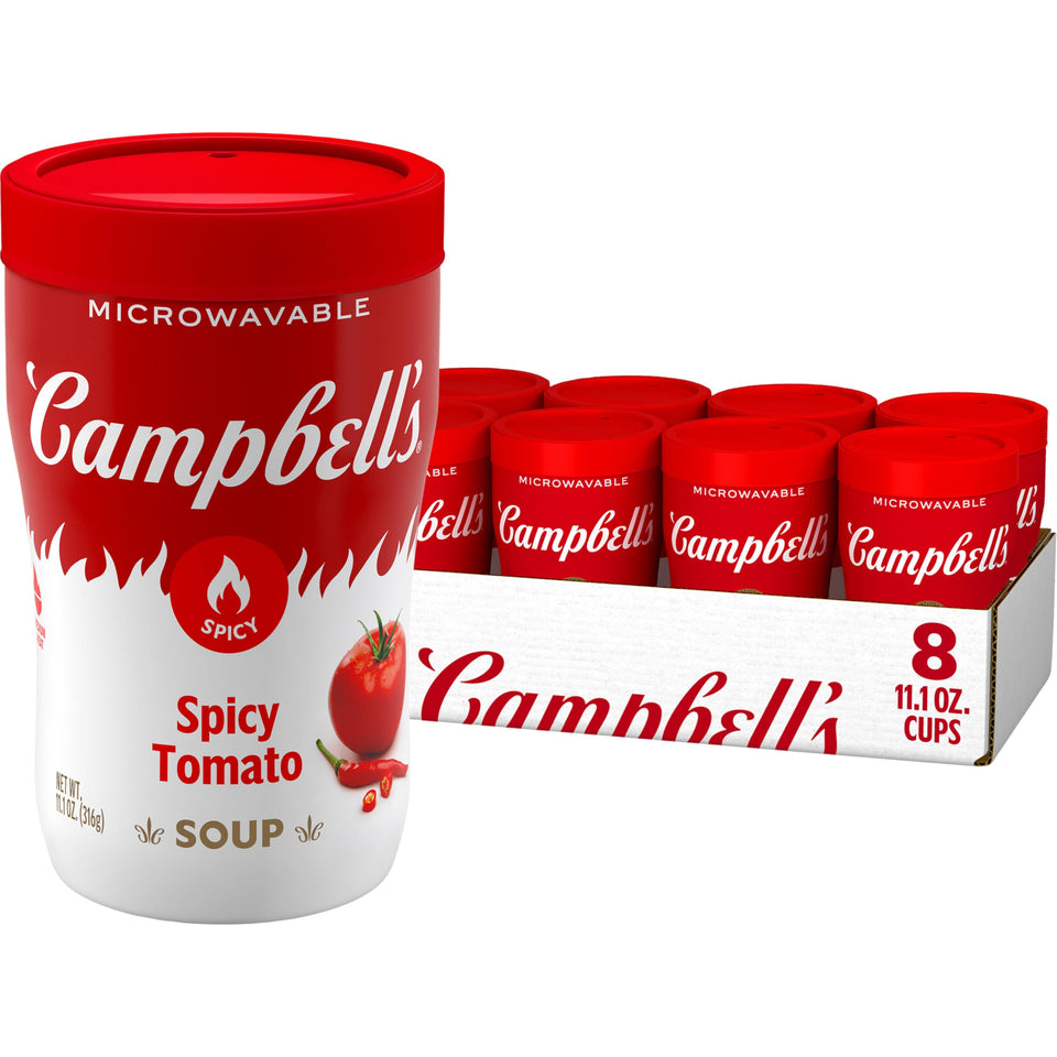 Campbell's Sipping Soup Spicy Tomato Cup ready to sip on the go.