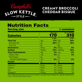 Campbell's Slow Kettle broccoli cheddar bisque label highlights restaurant-quality flavor.