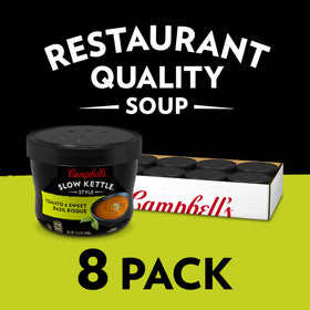 Campbell's Slow Kettle bisque close-up shows creamy tomato texture for cozy lunches