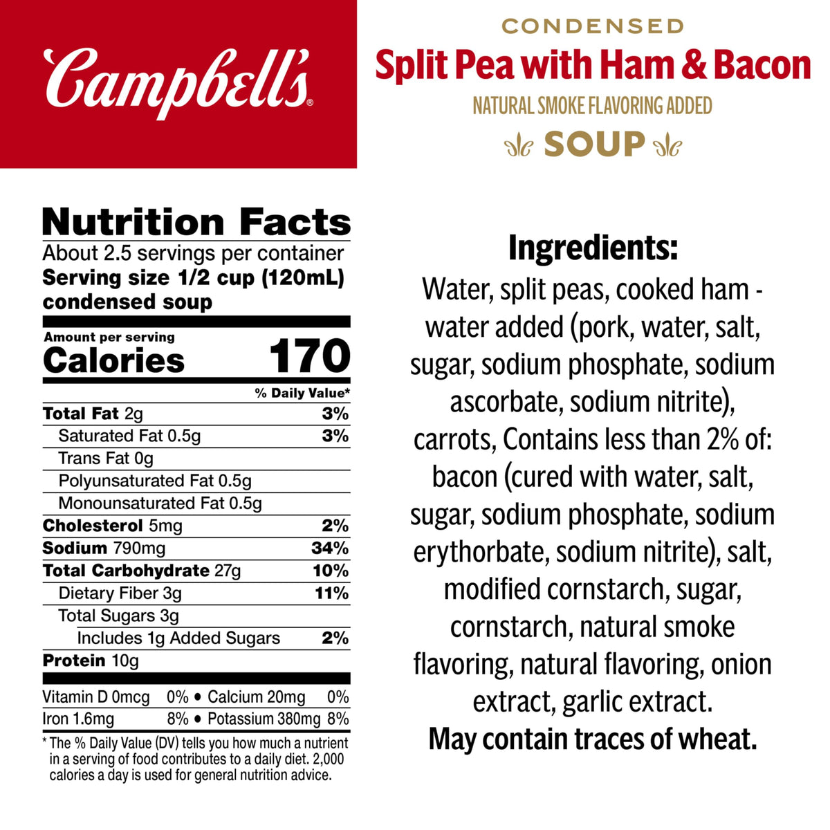 Campbell's Split Pea with Ham soup can back label with nutrition info