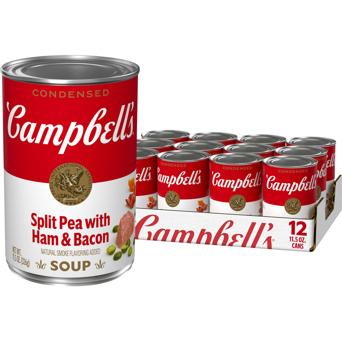 Campbell's Split Pea with Ham soup can front, hearty ready-to-heat meal