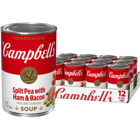 Campbell's Split Pea with Ham soup can front, hearty ready-to-heat meal