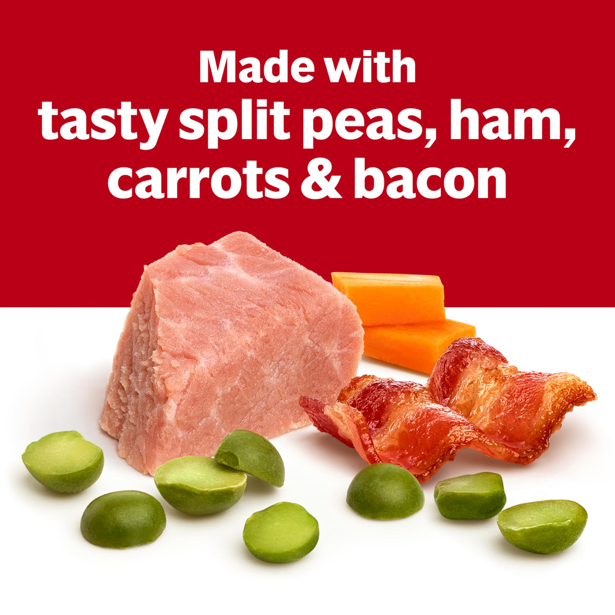Close-up of split peas, ham, and carrots in Campbell's soup