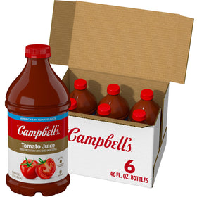 Campbell's 46 oz tomato juice bottle on shelf, ready to boost meals.
