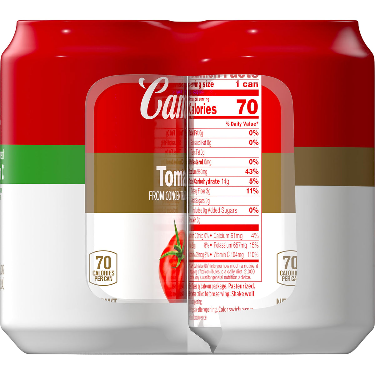Bright glass of Campbell's tomato juice with a mint garnish.