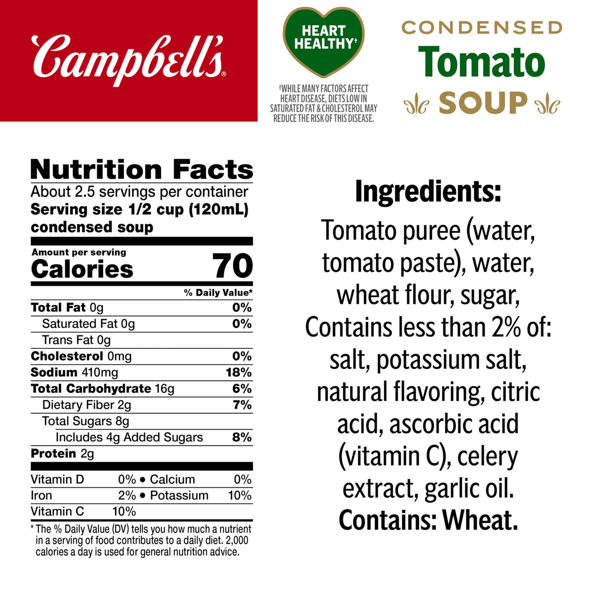 Campbell's Tomato Soup label closeup highlighting ingredients and heart-healthy branding.