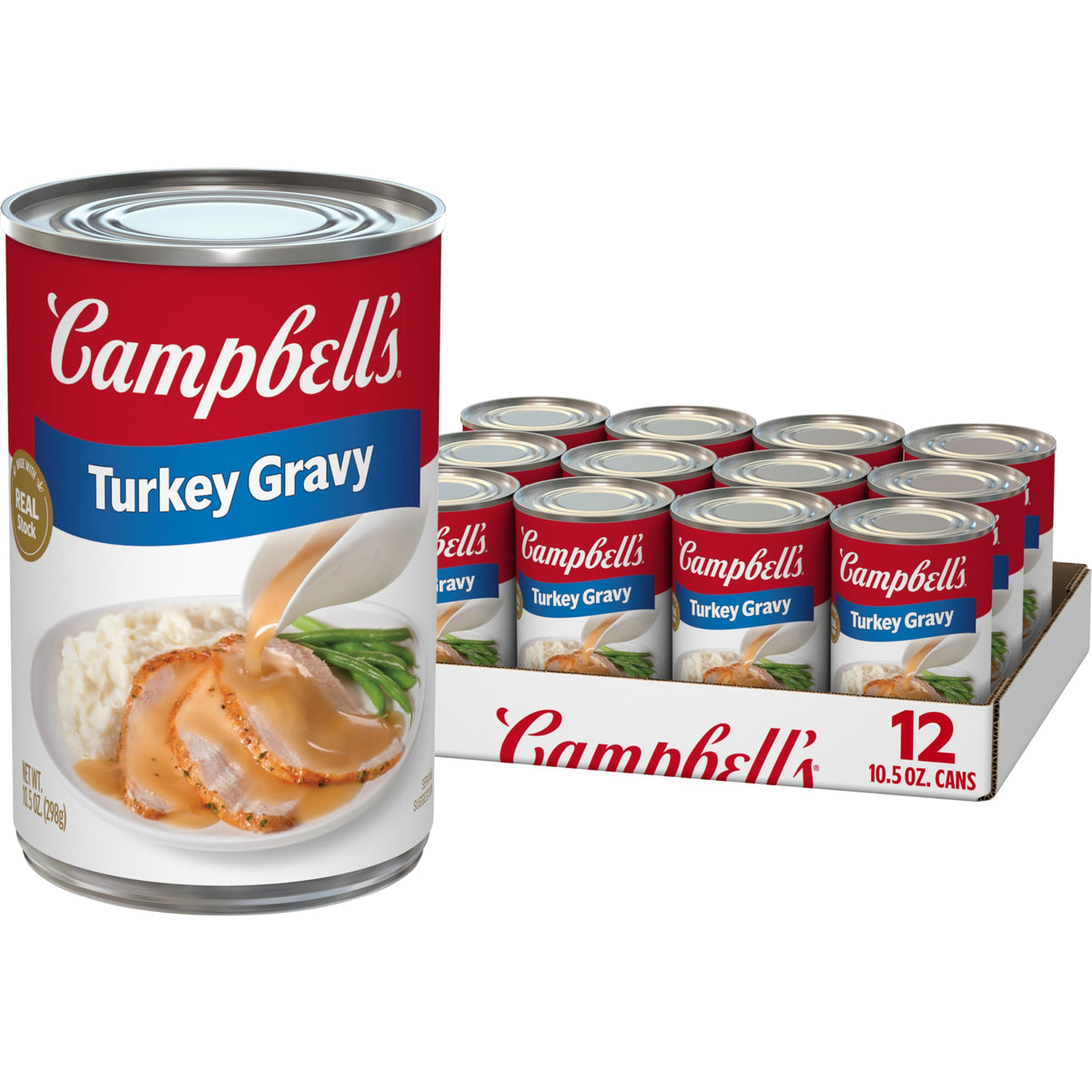 Campbell's Turkey Gravy can being poured over mashed potatoes for a comforting meal.