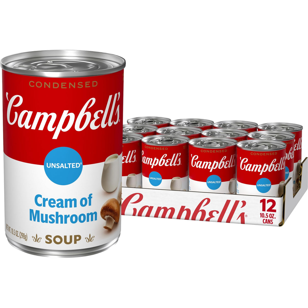 Campbell's unsalted cream of mushroom soup can front, a versatile pantry base for sauces.