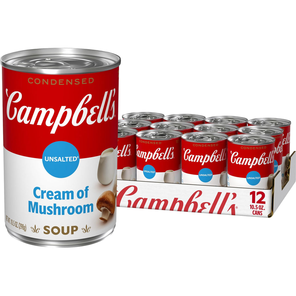 Campbell's unsalted cream of mushroom soup can front, a versatile pantry base for sauces.