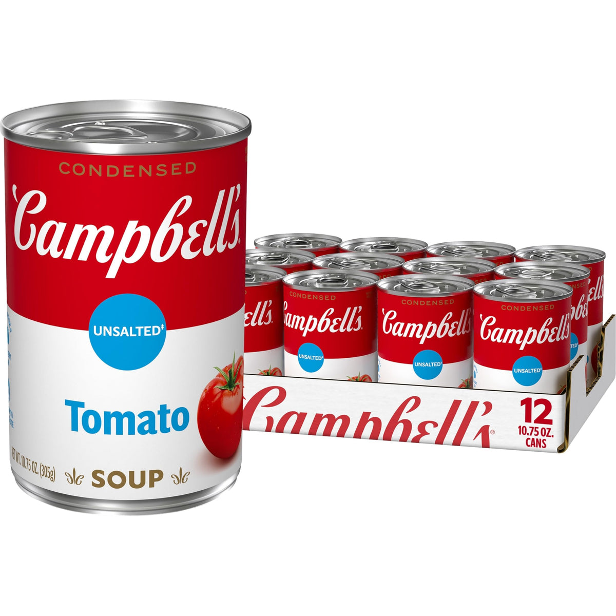 Campbell's Unsalted Tomato Soup can front view; comforting, customizable base for meals.