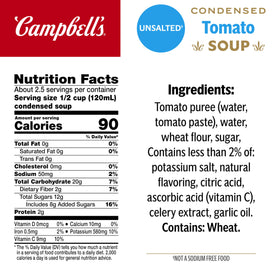 Campbell's Unsalted Tomato Soup label; six farm-grown tomatoes highlighted as fresh base.