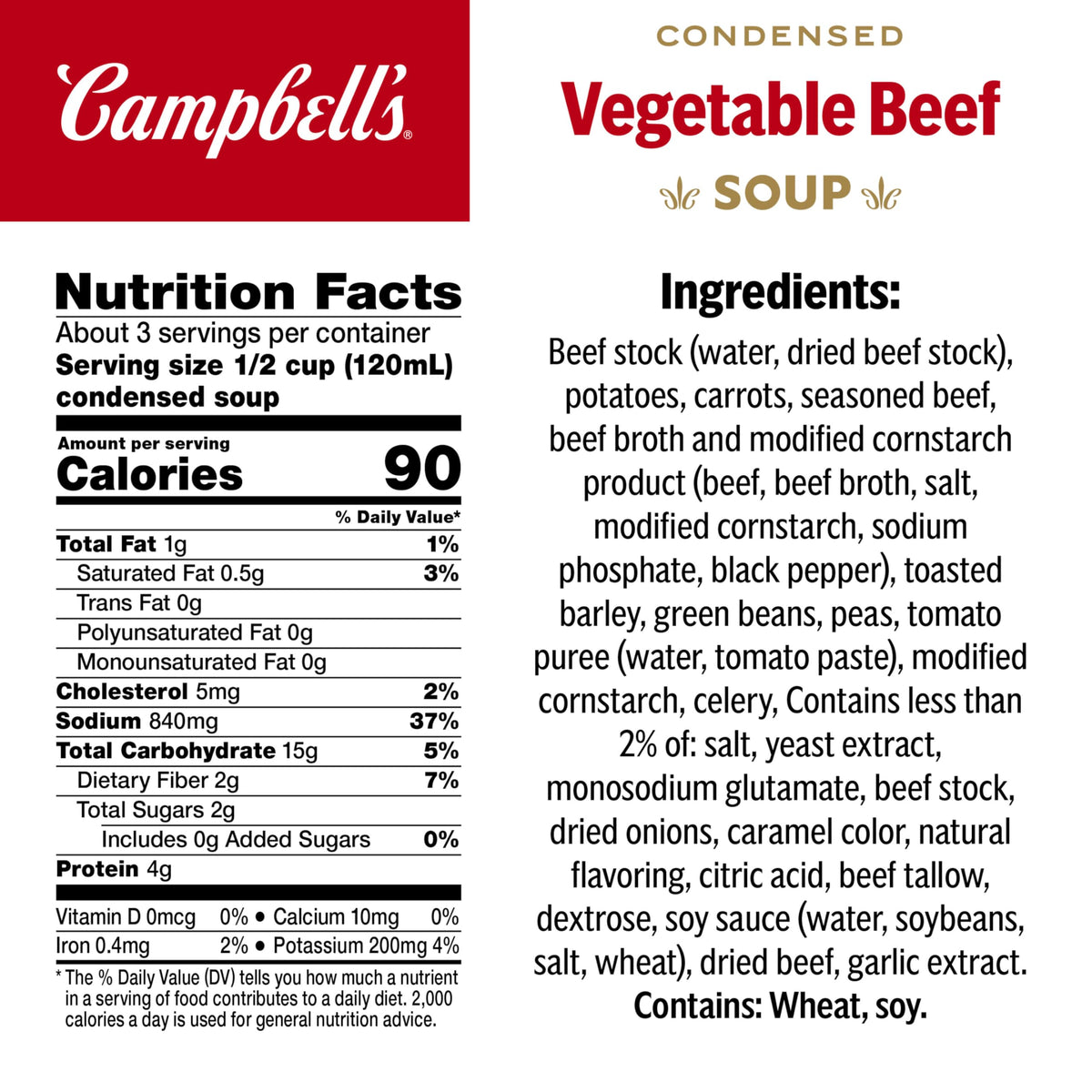 Ingredients of Campbell's Vegetable Beef Soup with beef and vegetables