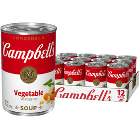 Campbell's Vegetable Soup with Beef Stock can front offers quick comfort in a hot bowl.