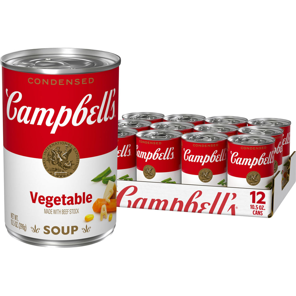 Campbell's Vegetable Soup with Beef Stock can front offers quick comfort in a hot bowl.