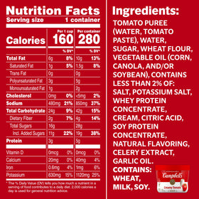 Campbell's Vegetarian Tomato Soup highlights sun-ripened tomatoes and cream flavor.
