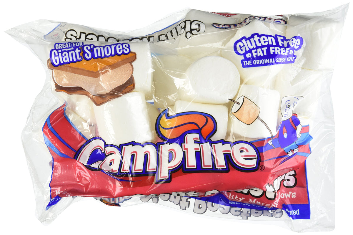Campfire Premium Giant Roaster Marshmallows 2-inch square, ideal for campfire roasting and s'mores.