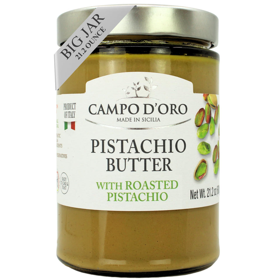 CAMPO D'ORO Pistachio Butter Cream jar showcases rich Sicilian flavor for desserts.